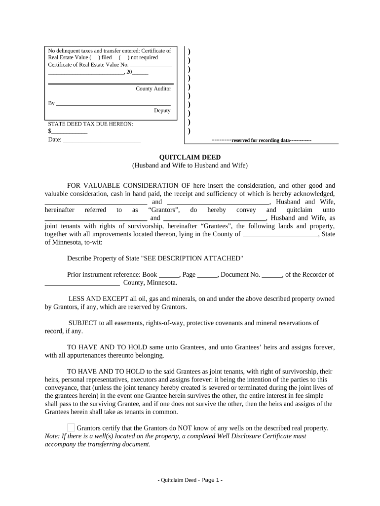 Quitclaim Deed from Husband and Wife to Husband and Wife Minnesota  Form