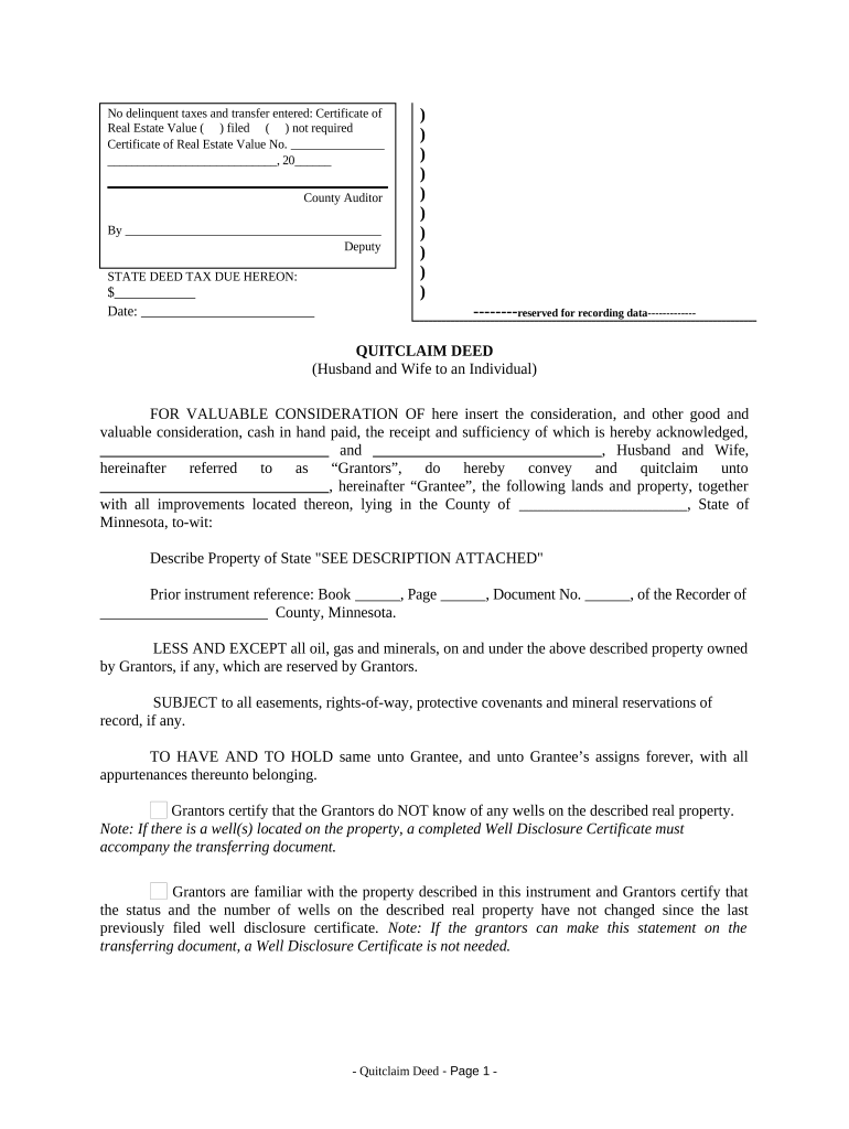 Quitclaim Deed from Husband and Wife to an Individual Minnesota  Form