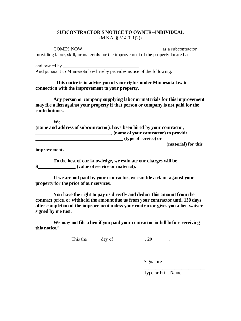 Subcontractor's Notice to Owner Individual Minnesota  Form