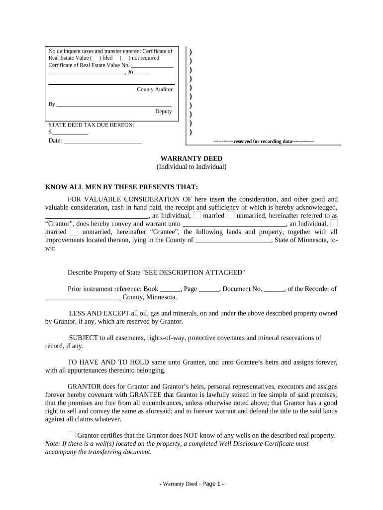 Warranty Deed from Individual to Individual Minnesota  Form