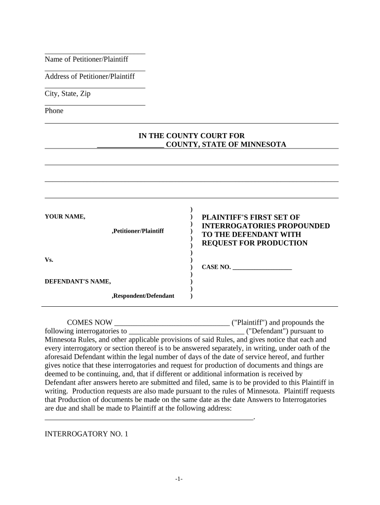 Discovery Interrogatories from Plaintiff to Defendant with Production Requests Minnesota  Form