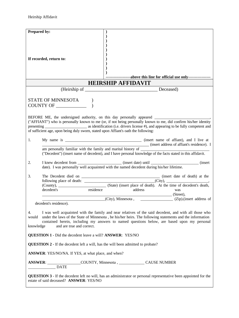 Heirship Affidavit Descent Minnesota  Form