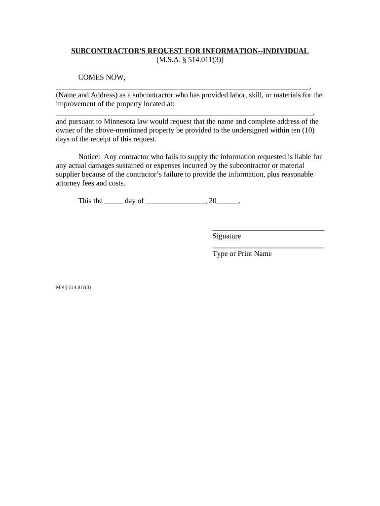 Minnesota Subcontractor  Form