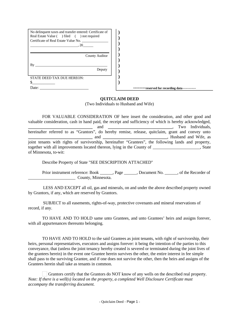 Quitclaim Deed by Two Individuals to Husband and Wife Minnesota  Form