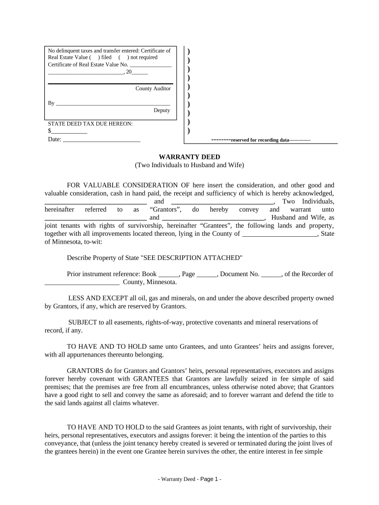 Warranty Deed from Two Individuals to Husband and Wife Minnesota  Form