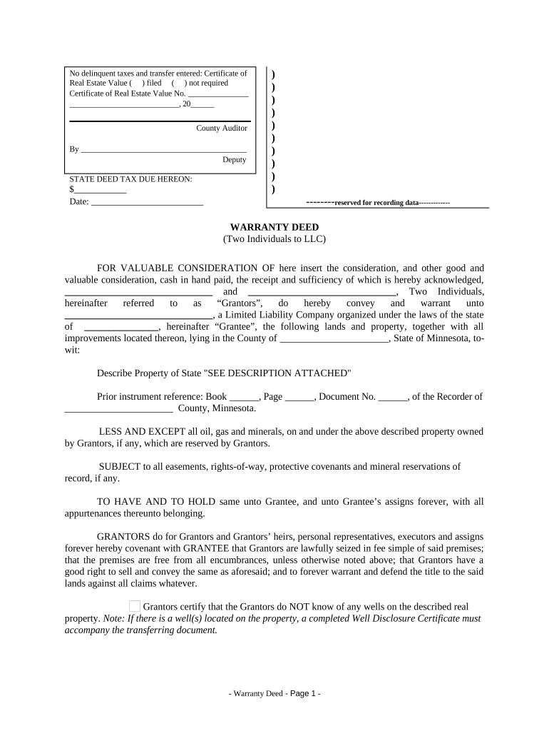 Warranty Deed from Two Individuals to LLC Minnesota  Form