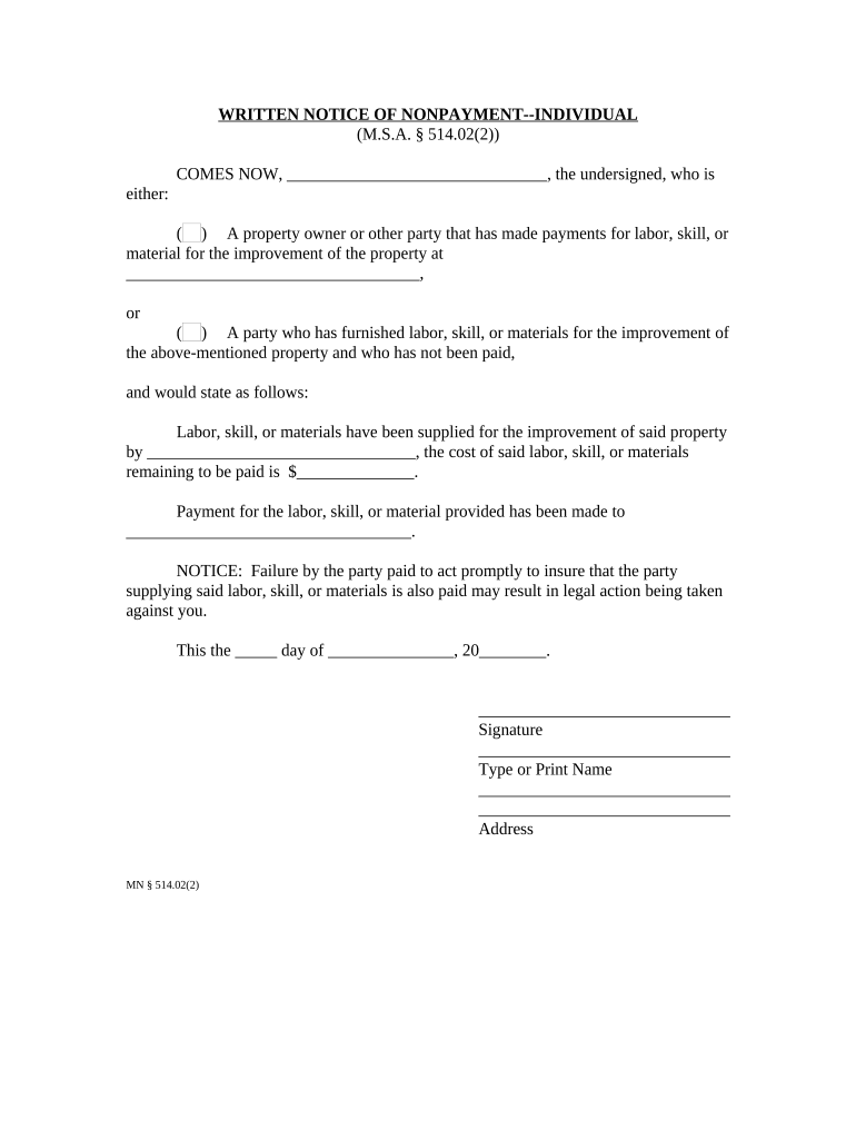 Written Notice of Nonpayment Individual Minnesota  Form