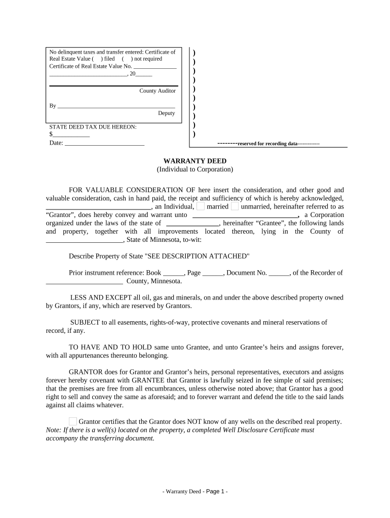 Warranty Deed from Individual to Corporation Minnesota  Form