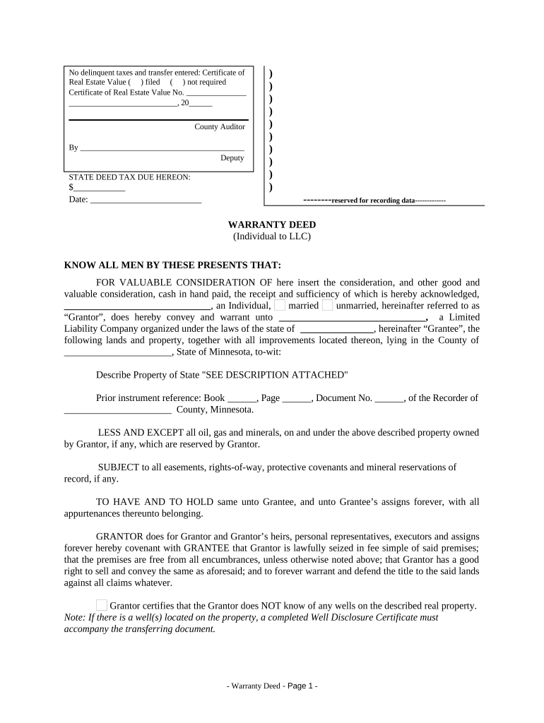 Warranty Deed from Individual to LLC Minnesota  Form