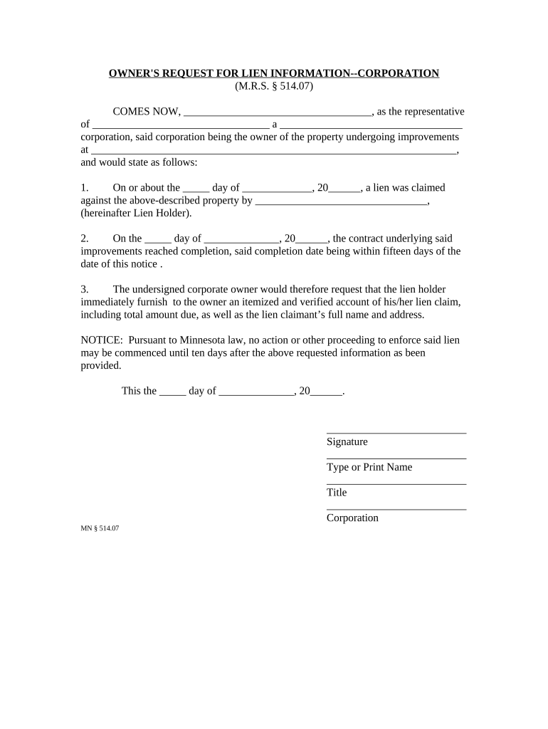 Owner's Request for Lien Information Corporation or LLC Minnesota
