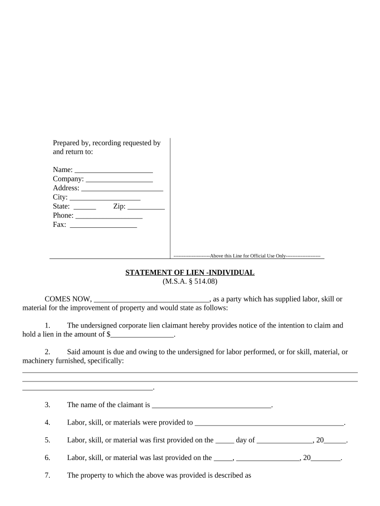 Statement of Lien Individual Minnesota  Form