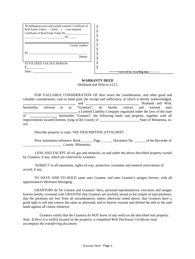 Warranty Deed from Husband and Wife to LLC Minnesota  Form