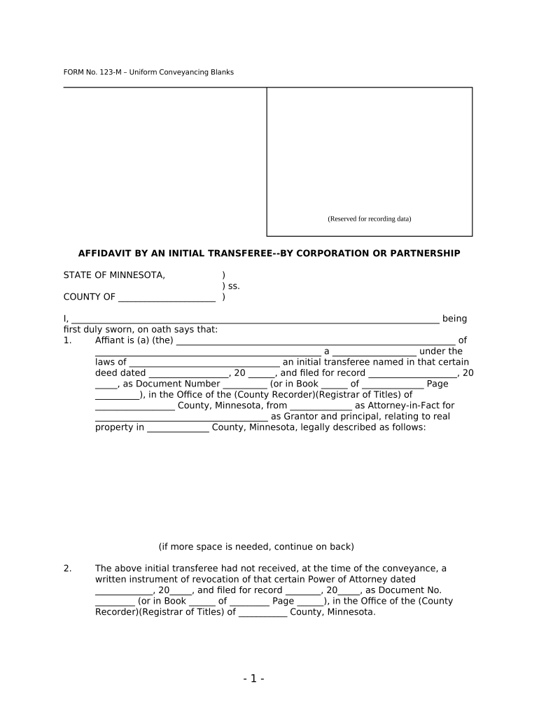 Affidavit by an Initial Transferee by Corporation or Partnership UCBC Form 100 2 4 Minnesota
