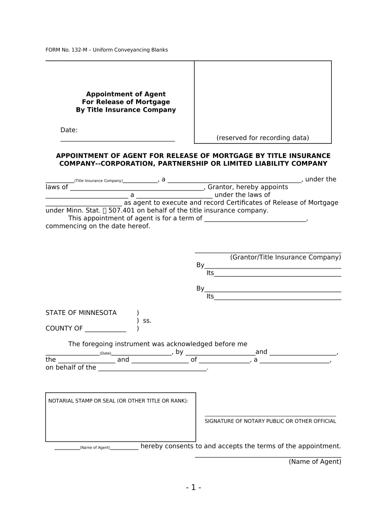 Appointment of Agent for Release of Mortgage Minn Stat 507 401 UCBC Form 20 7 5 Minnesota