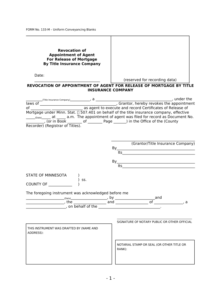 Revocation of Appointment of Agent for Release Mortgage by Title Insurance Company Minn Stat 507 401 UCBC Form 20 7 6 Minnesota