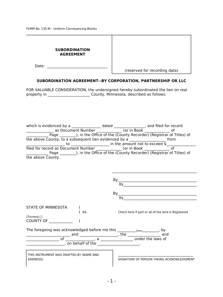 Subordination Agreement Form Blank