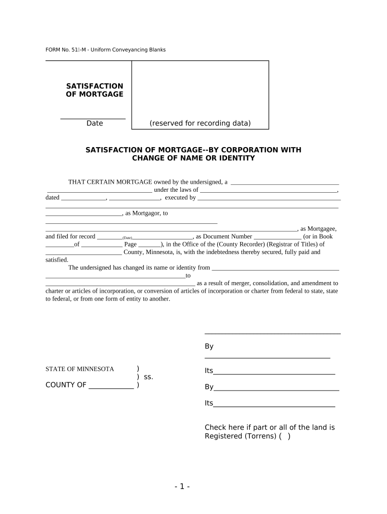 Satisfaction of Mortgage by Business Entity with Change of Name or Identity Minn Stat 507 411 UCBC Form 20 5 3 Minnesota