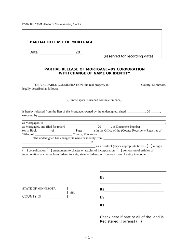 Partial Release of Mortgage by Business Entity with Change of Name or Identity Minn Stat 507 411 UCBC Form 20 6 3 Minnesota