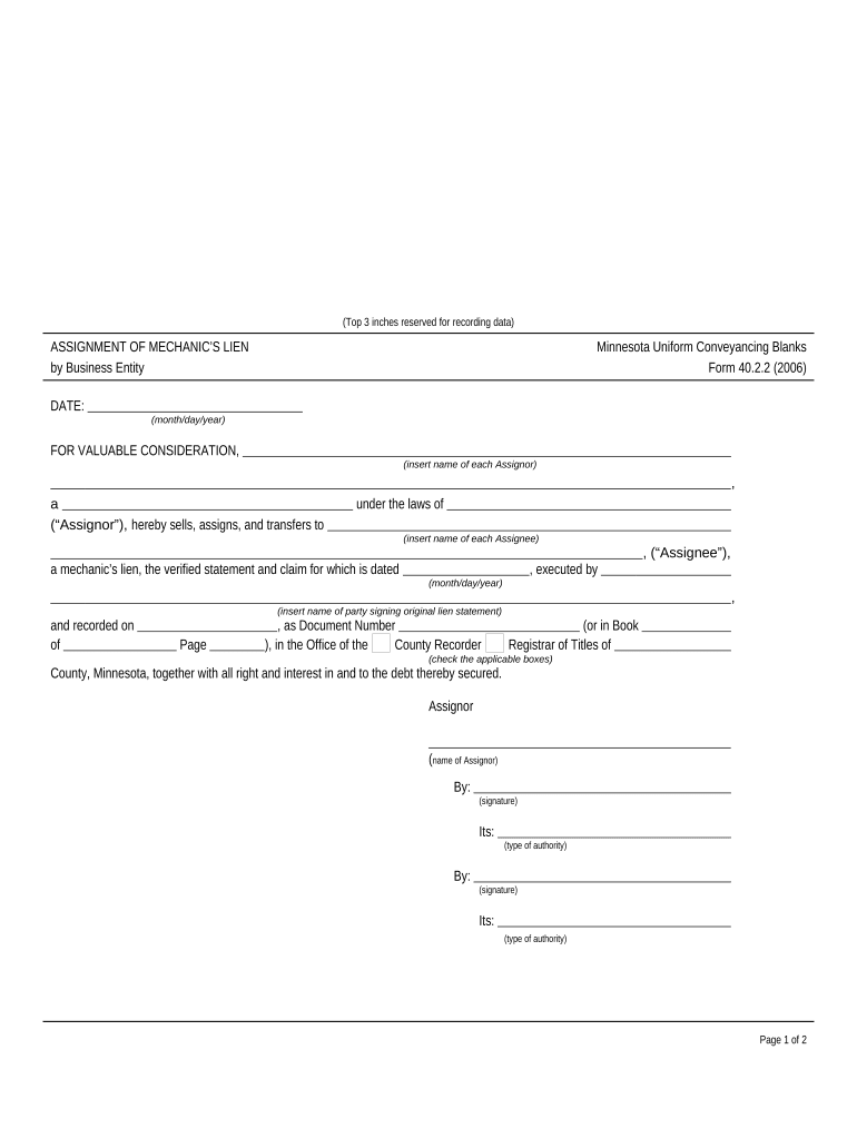 Assignment of Mechanic's Lien by a Business Entity Minnesota  Form