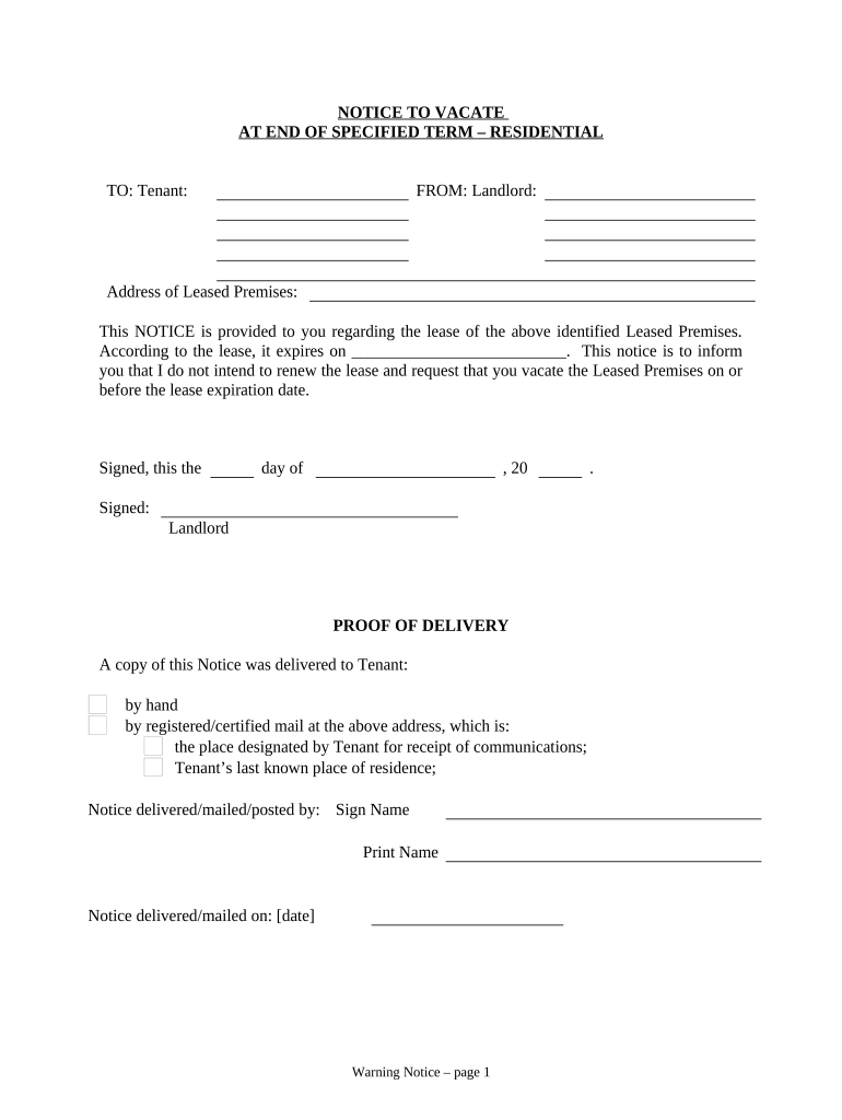 Notice of Intent Not to Renew at End of Specified Term from Landlord to Tenant for Residential Property Minnesota  Form
