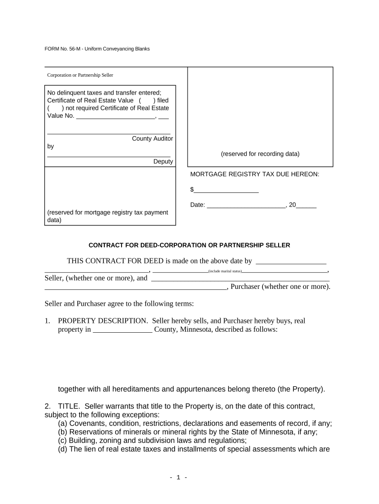 Contract for Deed Corporation or Partnership Seller UCBC Form 30 2 1 Minnesota