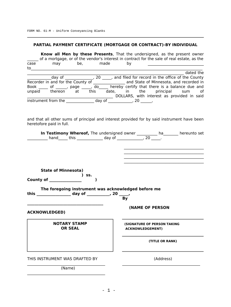 Partial Payment Certificate Mortgage or Contract by Individual UCBC Form 61 M Minnesota