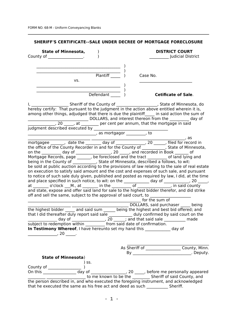 Sheriff's Certificate Sale under Decree of Mortgage Foreclosure UCBC Form 60 4 1 Minnesota