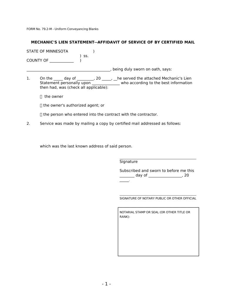 Affidavit of Service of Mechanic's Lien Statement by Certified Mail Form 40 4 2 Minnesota
