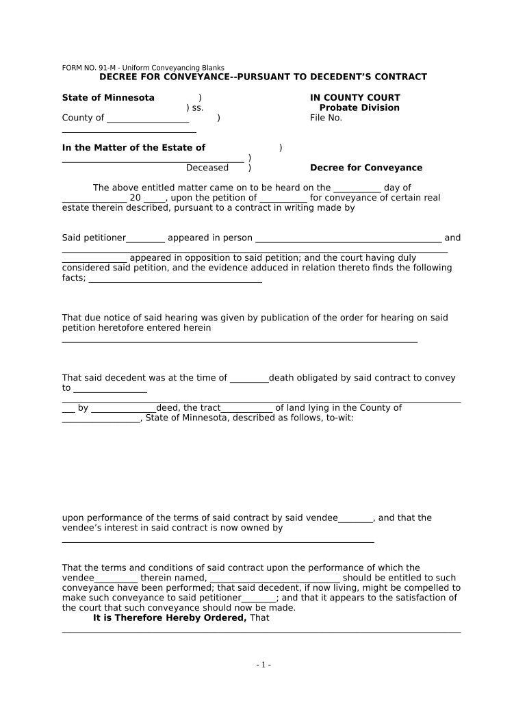 Decree for Conveyance Pursuant to Decedent's Contract UCBC Form 91 M Minnesota