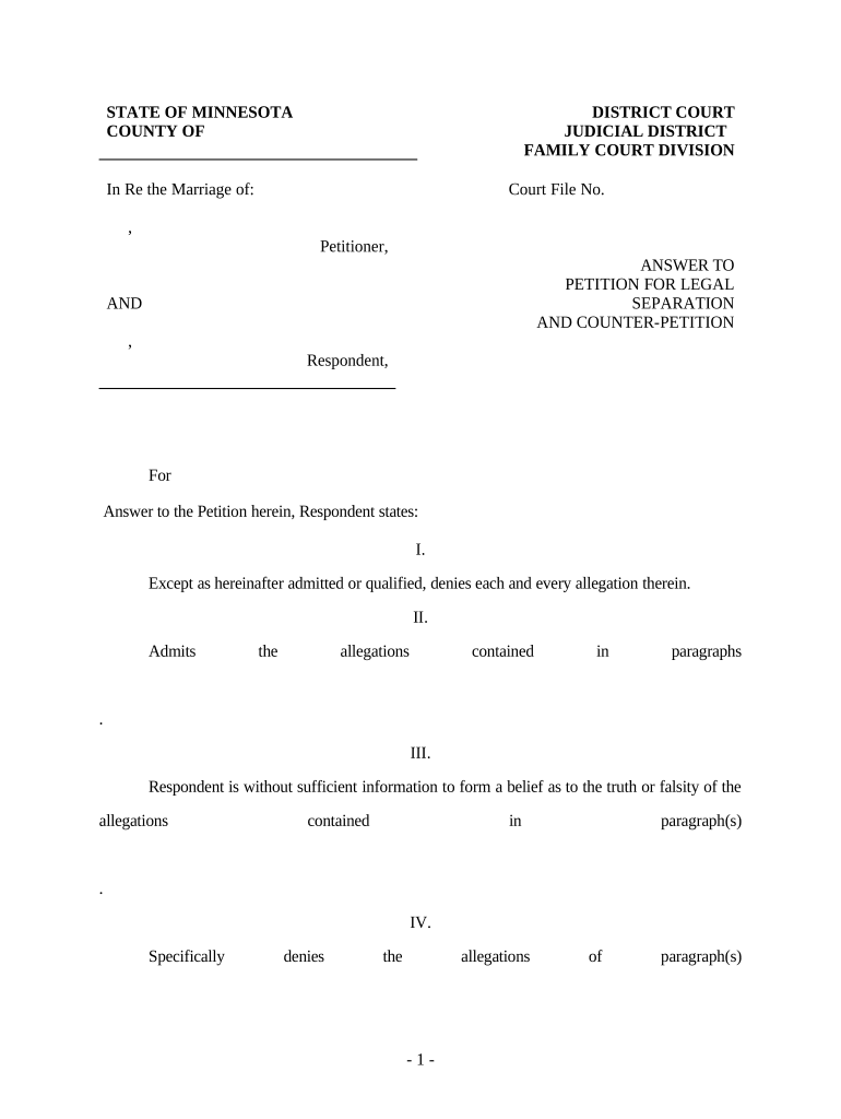 Answer to Petition and Counterpetition for Dissolution of Marriage Minnesota  Form