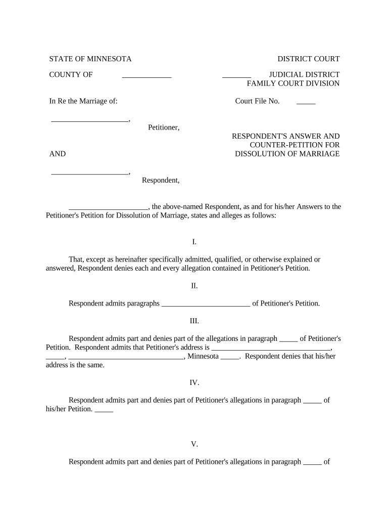 Respondent's Answer and Counterpetition for Dissolution of Marriage Minnesota  Form