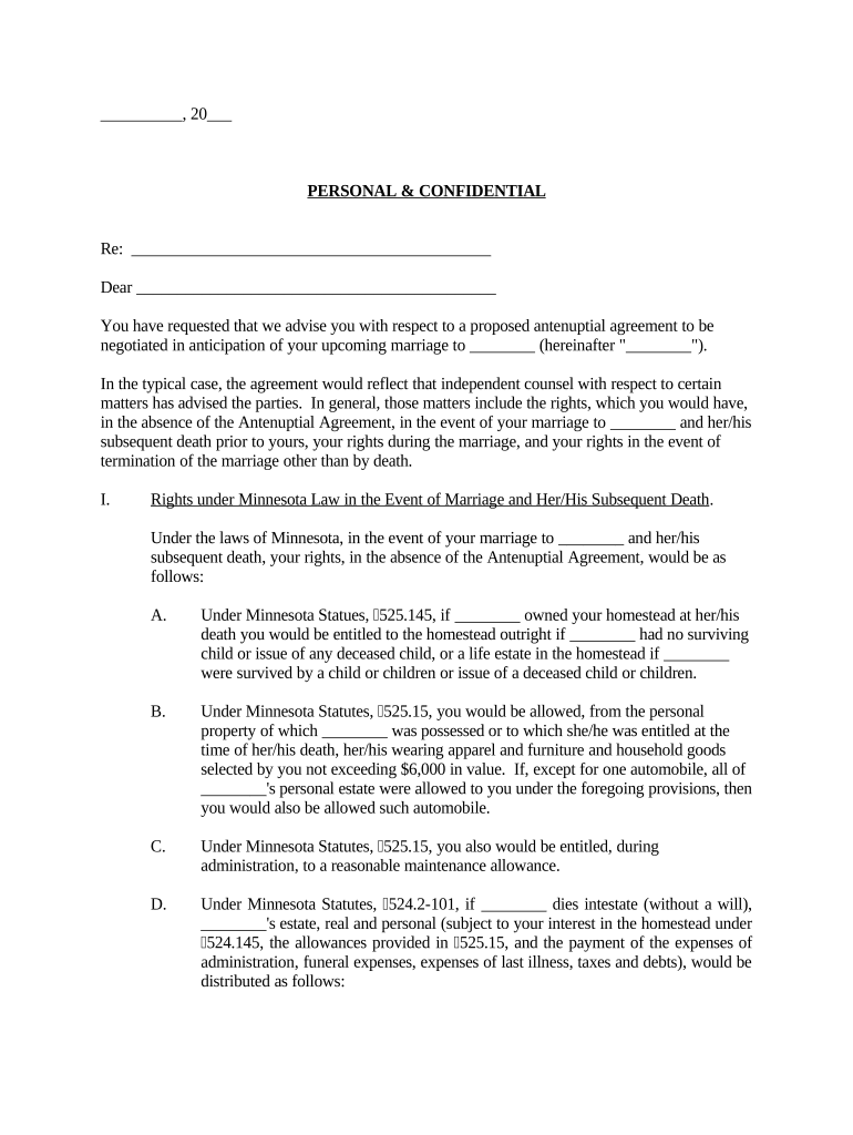 Letter to Client Regarding Antenuptial Premarital Agreements Informational Minnesota