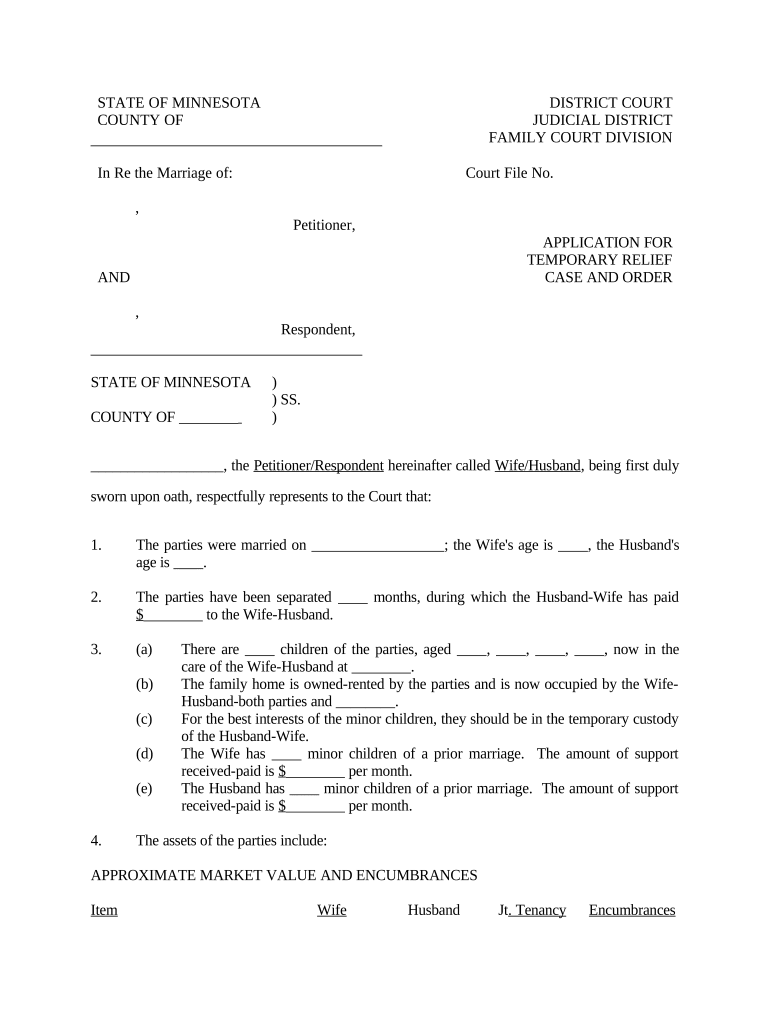 Application for Temporary Relief Minnesota  Form