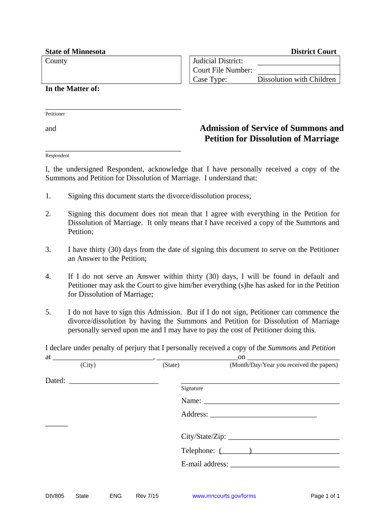Admission of Service Minnesota  Form