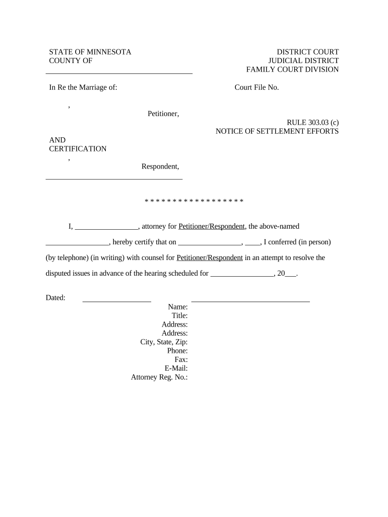 Notice of Prehearing Efforts to Reach Settlement Minnesota  Form