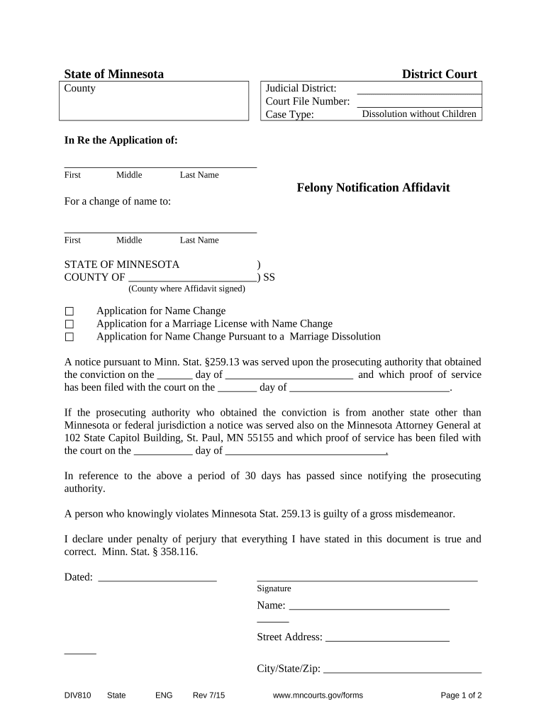 Felony Notification Affidavit for Name Change Minnesota  Form