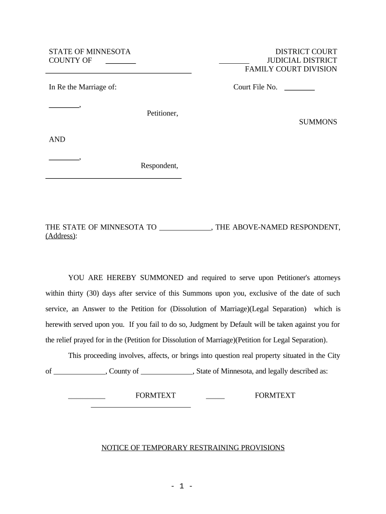 Summons with Temporary Restraining Language Minnesota  Form