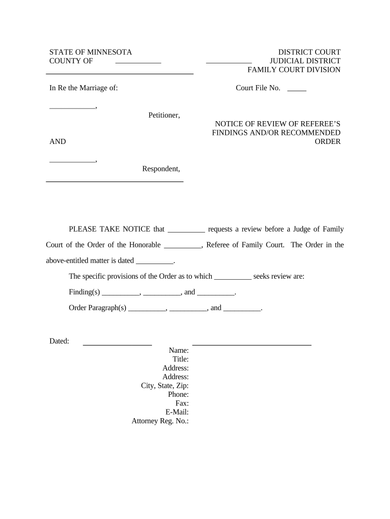 Notice of Motion for Review of Referee's Findings Minnesota  Form