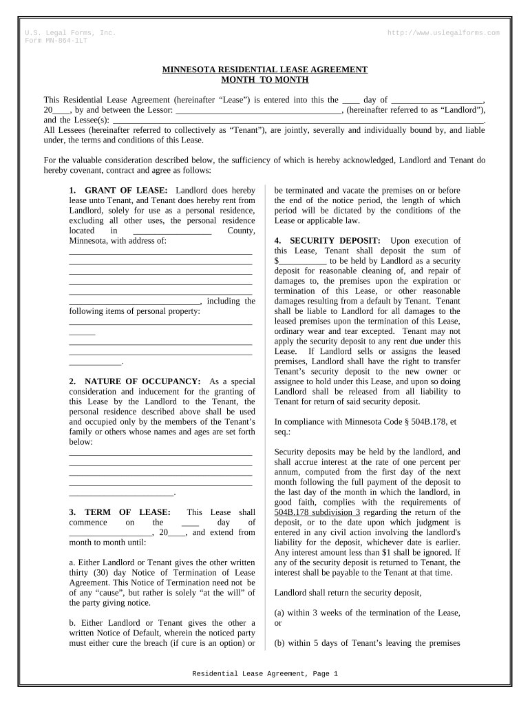 Residential Lease or Rental Agreement for Month to Month Minnesota  Form