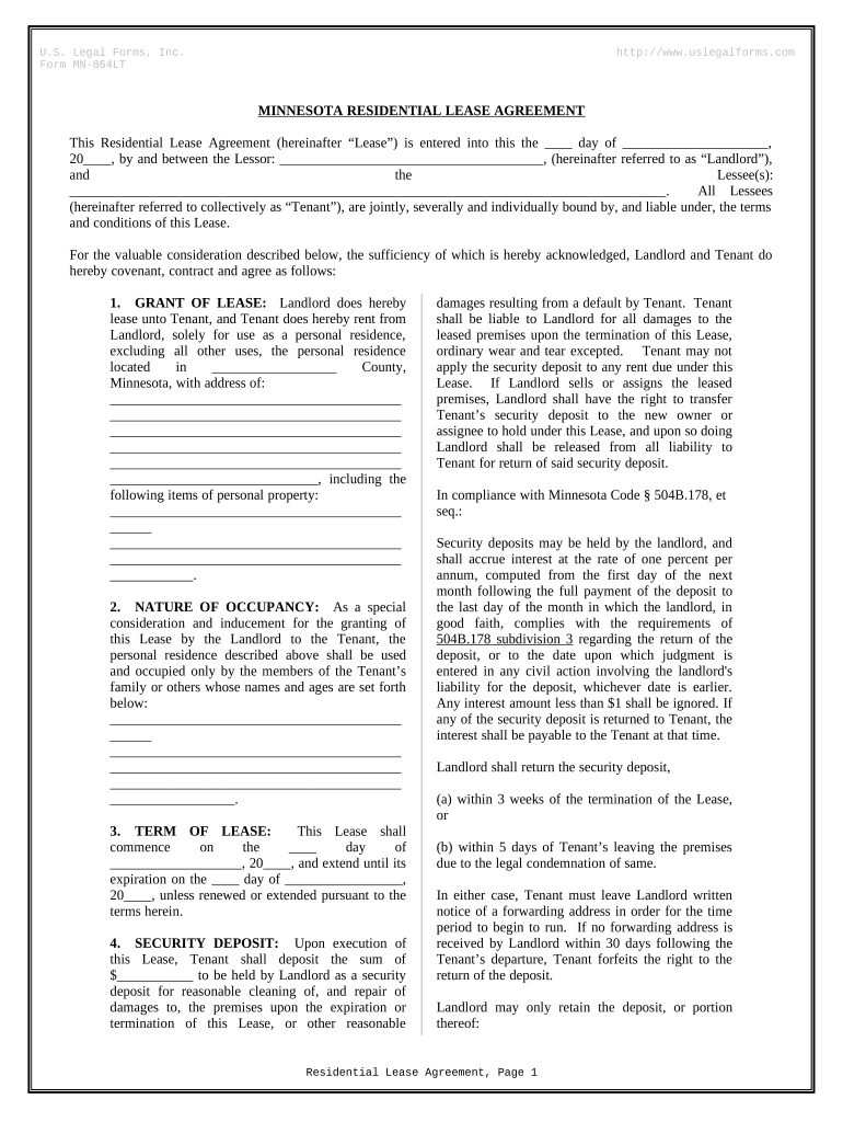 Residential Rental Lease Agreement Minnesota  Form