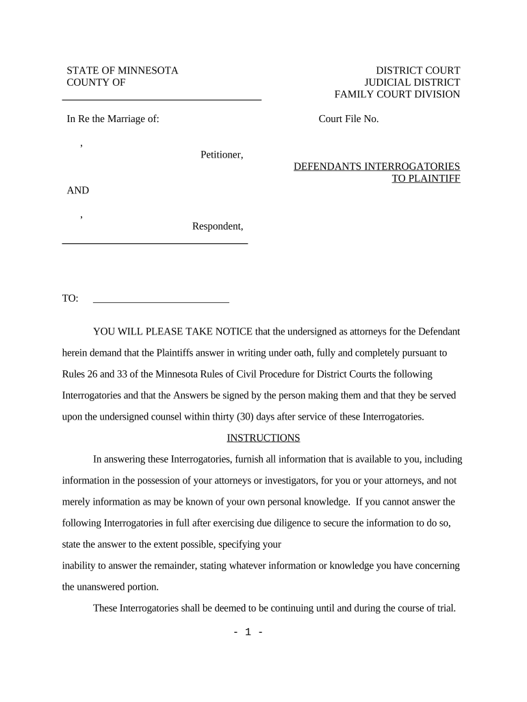 Discovery Defendant's Interrogatories to Plaintiff Paternity Minnesota  Form