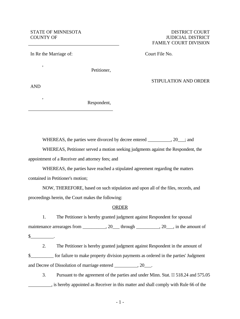 Stipulation and Order Regarding Judgment and Appointment of Receiver Minnesota  Form