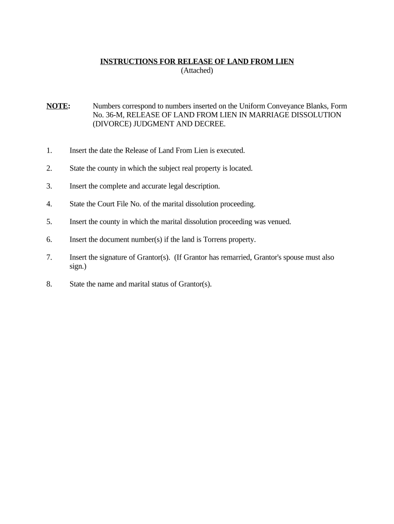 Instructions for Release of Land from Lien Regarding Dissolution Minnesota  Form