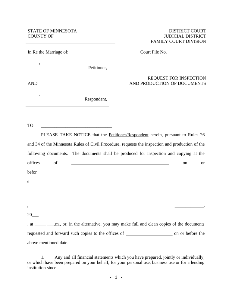 Discovery Request for Inspection and Production of Documents Minnesota  Form