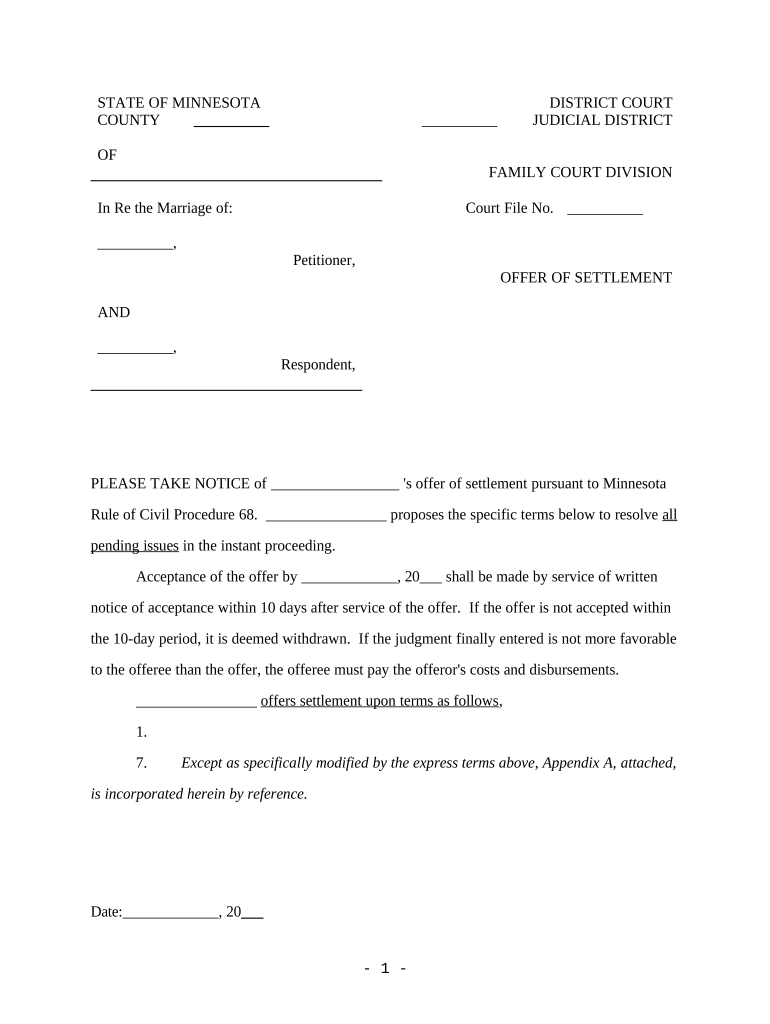 Offer of Settlement Minnesota  Form