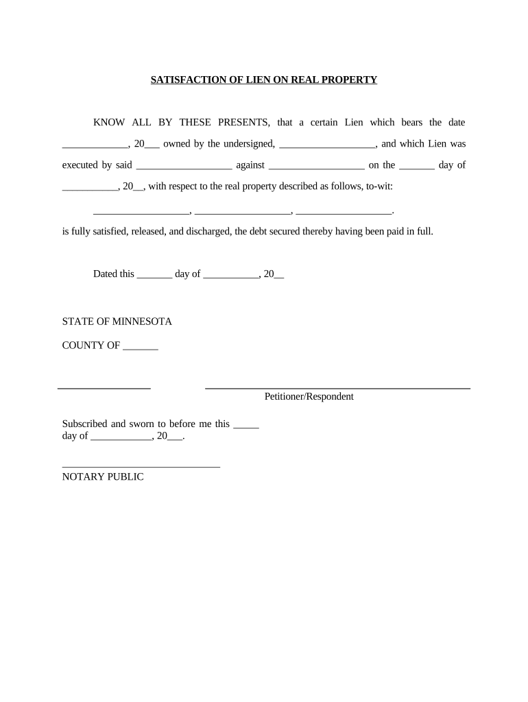 Satisfaction of Lien on Real Property Minnesota  Form