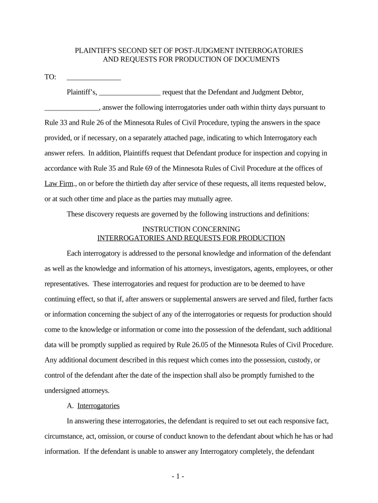 Discovery Plaintiff's 2nd Set of Post Judgment Interrogatories and Requests for Production Minnesota  Form