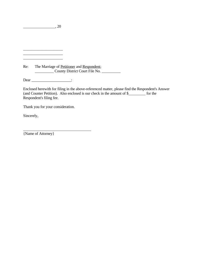 Letter to Clerk Regarding Respondent's Answer Cover Letter Minnesota  Form