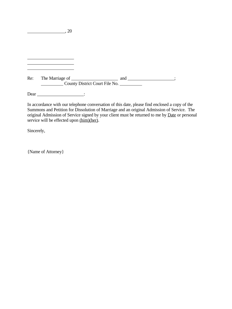 Letter to Attorney opposite Regarding Return Admission of Service Minnesota  Form