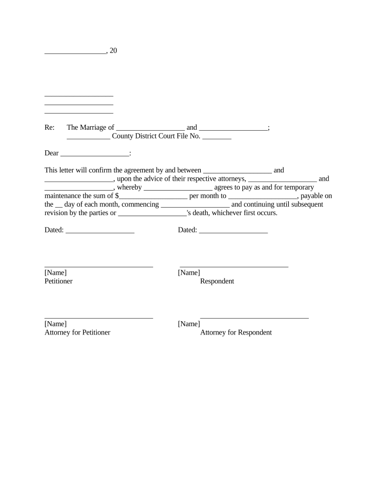 Letter Regarding Agreement for Monthly Temporary Maintenance Payments Minnesota  Form